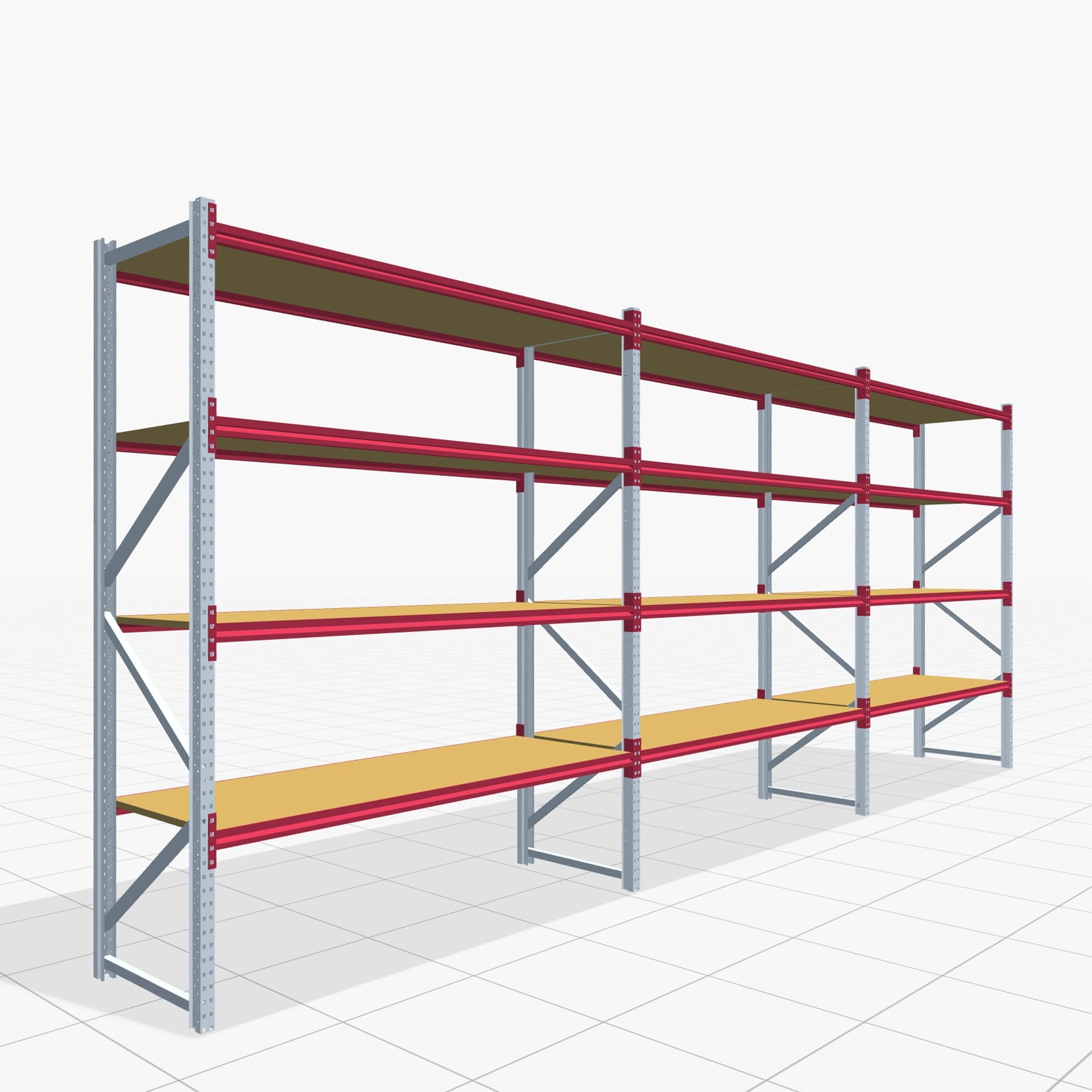 Magazijnstellingen WSX 5000, H: 3.000 mm, B: 7.718 mm mm, T: 800 mm, Niveaus: 5, Vakbreedte: 2.500 mm, Oplegging: Spanplatte