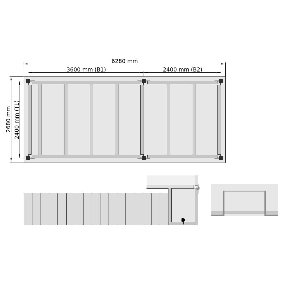 Entresolvloeren LBX 8000 Rechthoek, 2 velden, B: 6.280 mm, T: 2.680 mm mm, Trap: buitenMetPlatform, overdracht: mitKetteGesichert