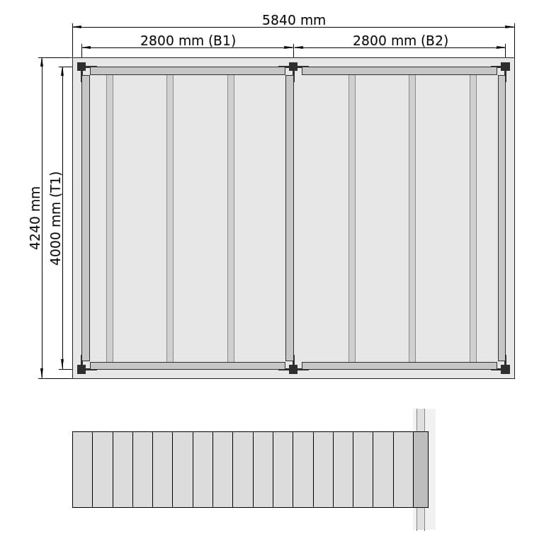 Entresolvloeren LBX 8000 Rechthoek, 2 velden, B: 5.840 mm, T: 4.240 mm mm, Trap: buitenMetPlatform, overdracht: zonder