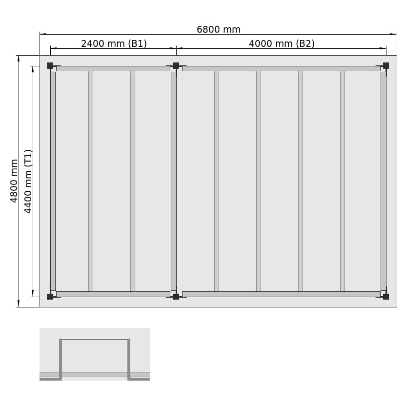 Entresolvloeren LBX 8000 Rechthoek, 2 velden, B: 6.800 mm, T: 4.800 mm mm, Trap: zonder, overdracht: mitKetteGesichert
