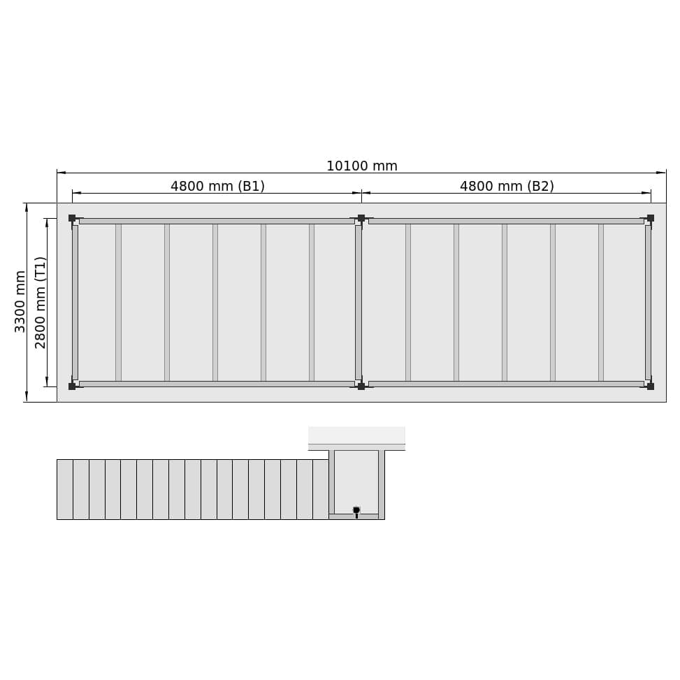 Entresolvloeren LBX 8000 Rechthoek, 2 velden, B: 10.100 mm, T: 3.300 mm mm, Trap: middenMetBordes, overdracht: zonder