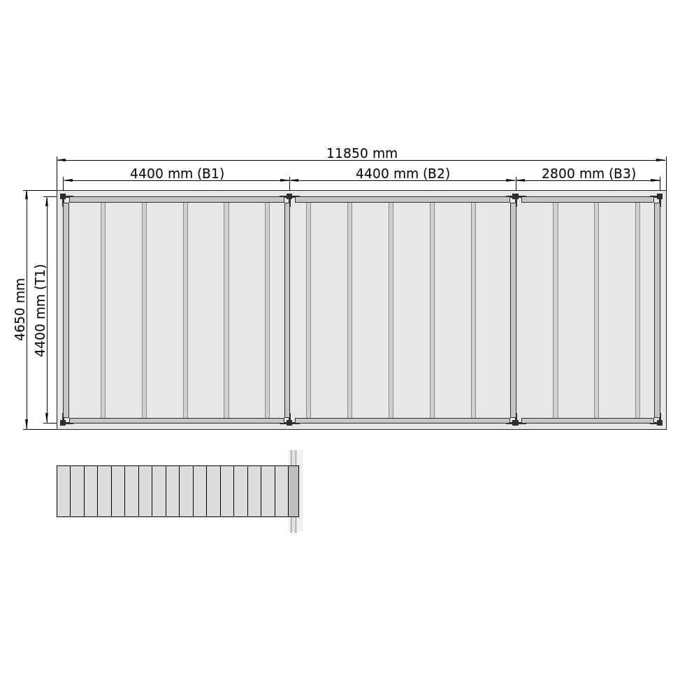Entresolvloeren LBX 8000 Rechthoek, 3 velden, B: 11.850 mm, T: 3.850 mm mm, Trap: voorgezet, overdracht: zonder