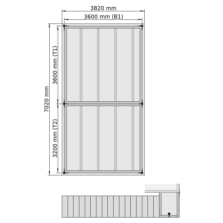 Entresolvloeren LBX 8000 Rechthoek, 2 velden hintereinander, B: 3.820 mm, T: 8.200 mm mm, Trap: buitenMetPlatform, overdracht: zonder