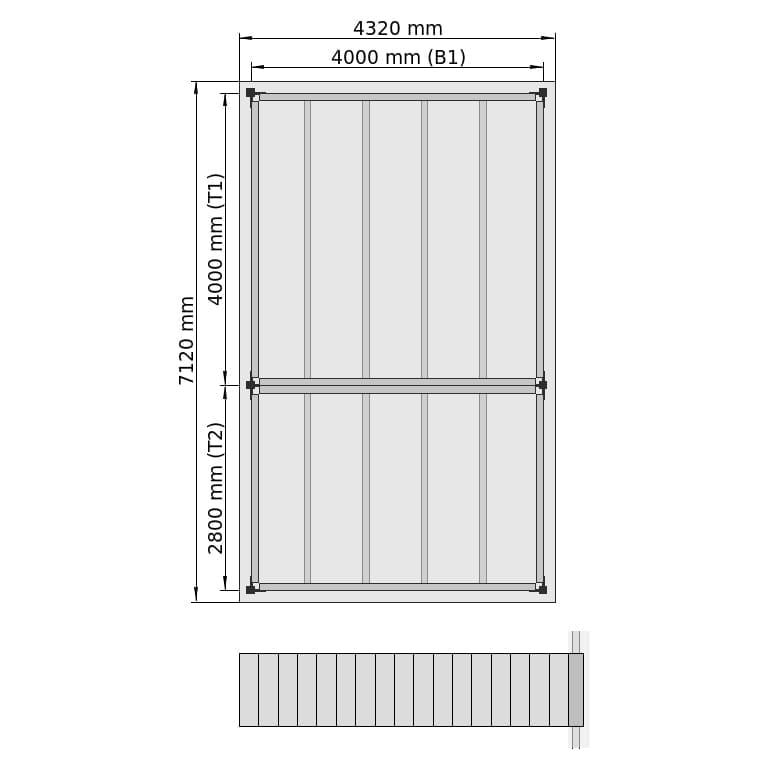 Entresolvloeren LBX 8000 Rechthoek, 2 velden hintereinander, B: 4.320 mm, T: 7.120 mm mm, Trap: voorgezet, overdracht: zonder