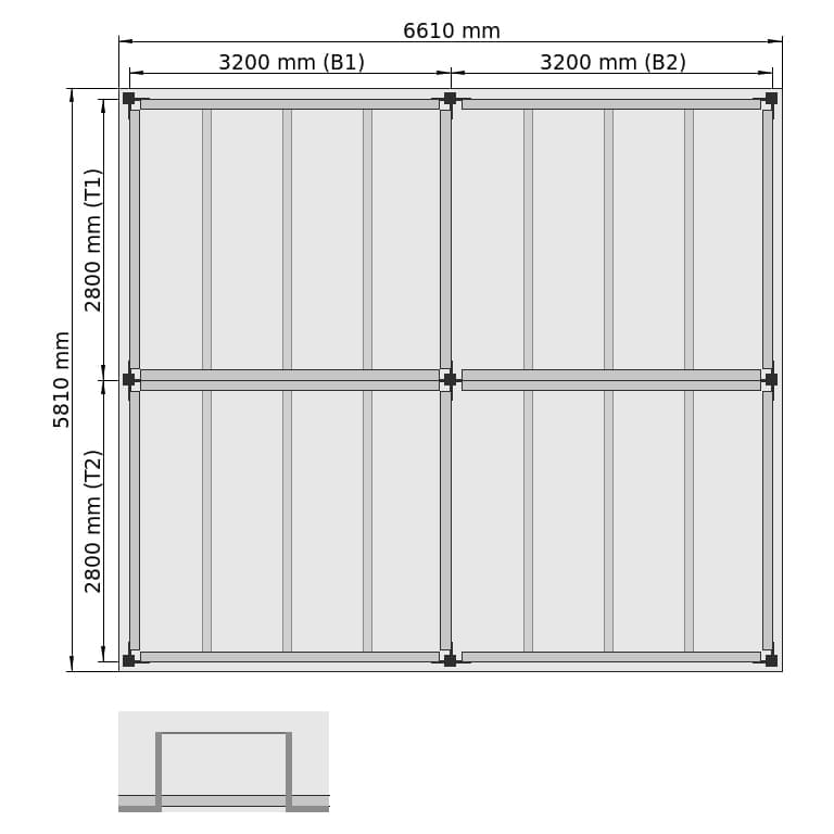Entresolvloeren LBX 8000 Rechthoek, 4 velden, B: 6.610 mm, T: 5.810 mm mm, Trap: zonder, overdracht: metKettingBeveiligd