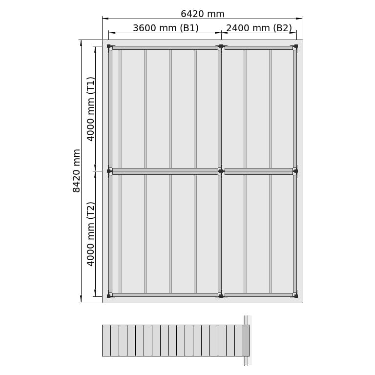 Entresolvloeren LBX 8000 Rechthoek, 4 velden, B: 6.420 mm, T: 8.420 mm mm, Trap: voorgezet, overdracht: zonder