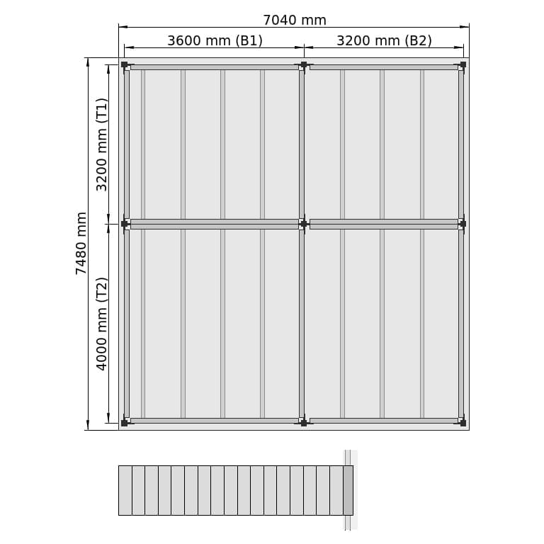 Entresolvloeren LBX 8000 Rechthoek, 4 velden, B: 7.040 mm, T: 7.480 mm mm, Trap: voorgezet, overdracht: zonder