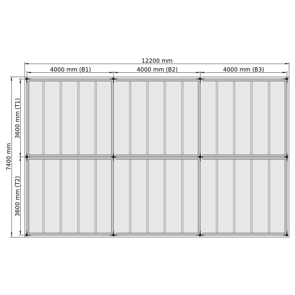 Entresolvloeren LBX 8000 Rechthoek, 6 velden, B: 12.200 mm, T: 7.400 mm mm, Trap: zonder, overdracht: zonder