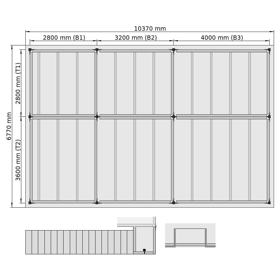 Entresolvloeren LBX 8000 Rechthoek, 6 velden, B: 10.370 mm, T: 6.770 mm mm, Trap: buitenMetPlatform, overdracht: metKettingBeveiligd