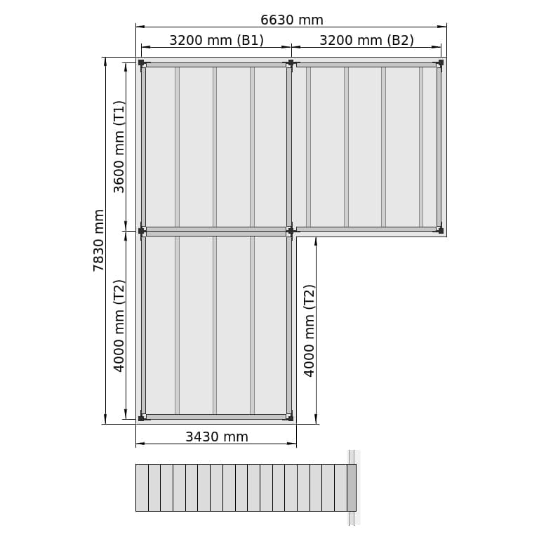 Entresolvloeren LBX 8000 L-vorm links, 3 velden, B: 6.630 mm, T: 7.830 mm mm, Trap: voorgezet, overdracht: zonder