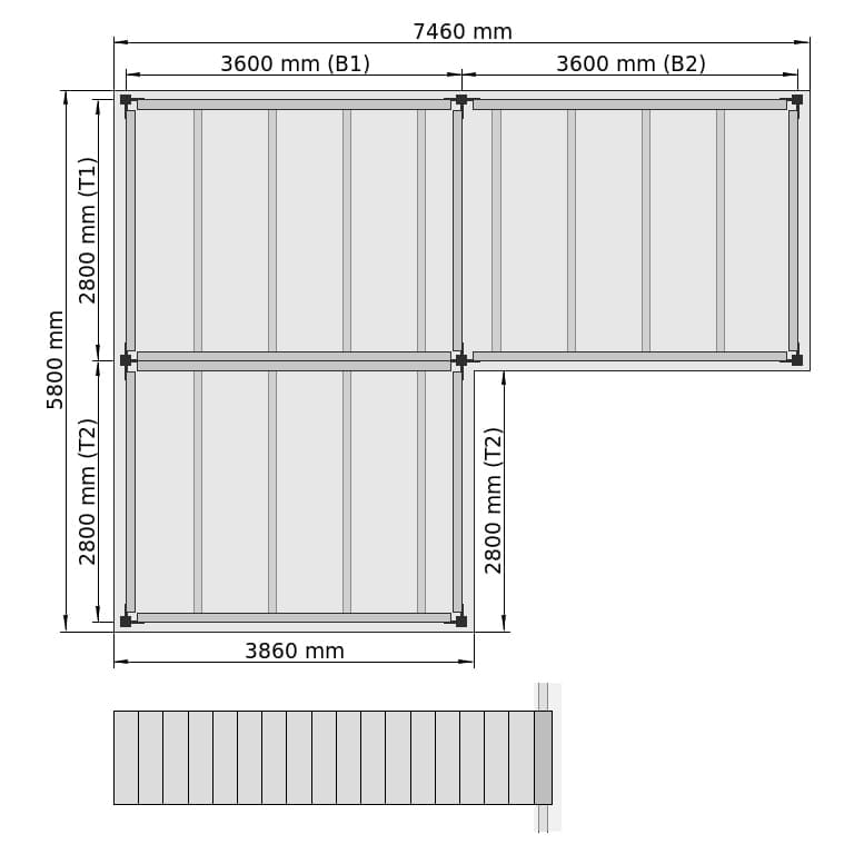 Entresolvloeren LBX 8000 L-vorm links, 3 velden, B: 7.460 mm, T: 5.800 mm mm, Trap: voorgezet, overdracht: zonder