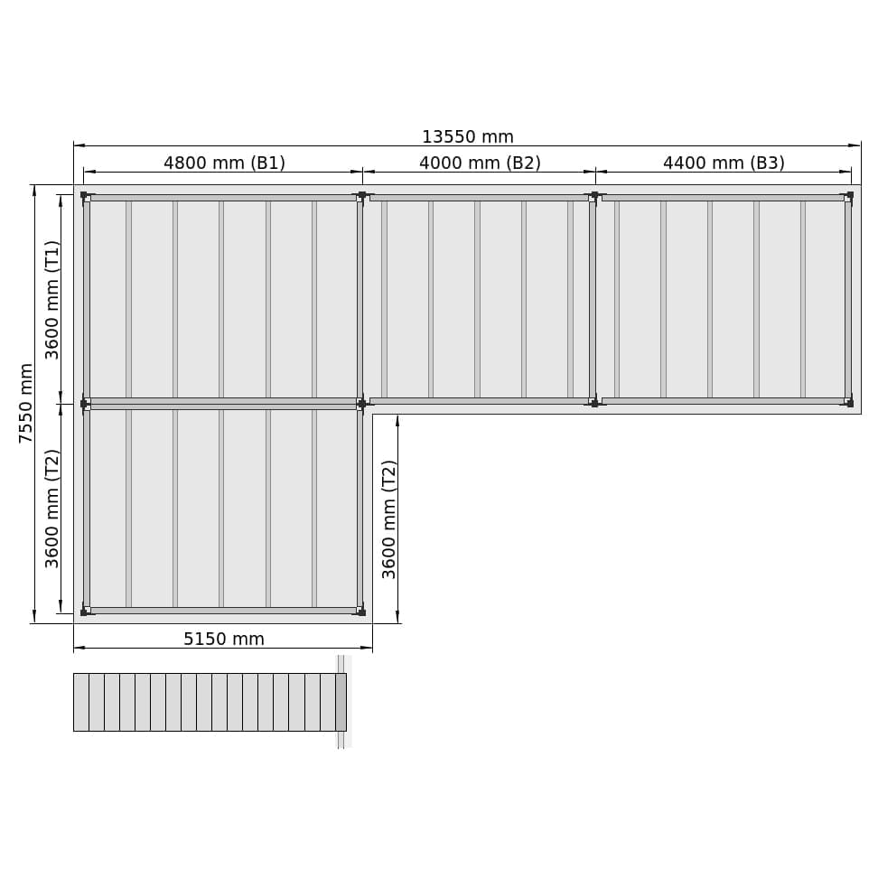 Entresolvloeren LBX 8000 L-vorm links, 4 velden, B: 13.550 mm, T: 7.550 mm mm, Trap: voorgezet, overdracht: zonder