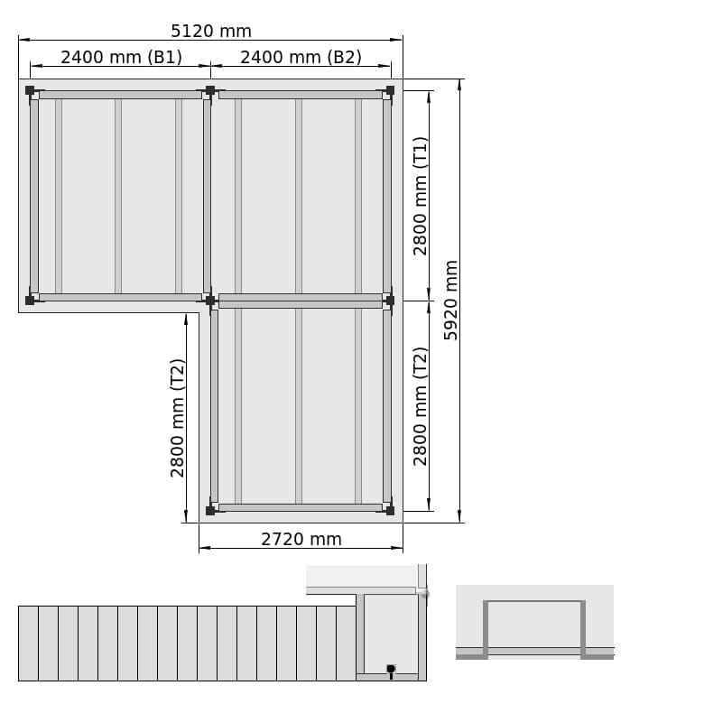 Entresolvloeren LBX 8000 L-vorm rechts, 3 velden, B: 5.520 mm, T: 5.920 mm mm, Trap: buitenMetPlatform, overdracht: metKettingBeveiligd
