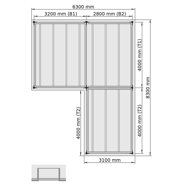 Entresolvloeren LBX 8000 L-vorm rechts, 3 velden, B: 6.300 mm, T: 8.300 mm mm, Trap: zonder, overdracht: metKettingBeveiligd