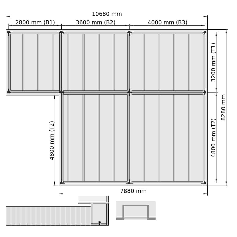 Entresolvloeren LBX 8000 L-vorm rechts, 5 velden, B: 10.680 mm, T: 8.280 mm mm, Trap: buitenMetPlatform, overdracht: metKettingBeveiligd