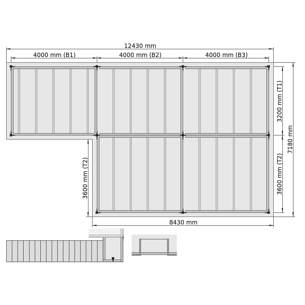 Entresolvloeren LBX 8000 L-vorm rechts, 5 velden, B: 12.430 mm, T: 7.180 mm mm, Trap: buitenMetPlatform, overdracht: metKettingBeveiligd